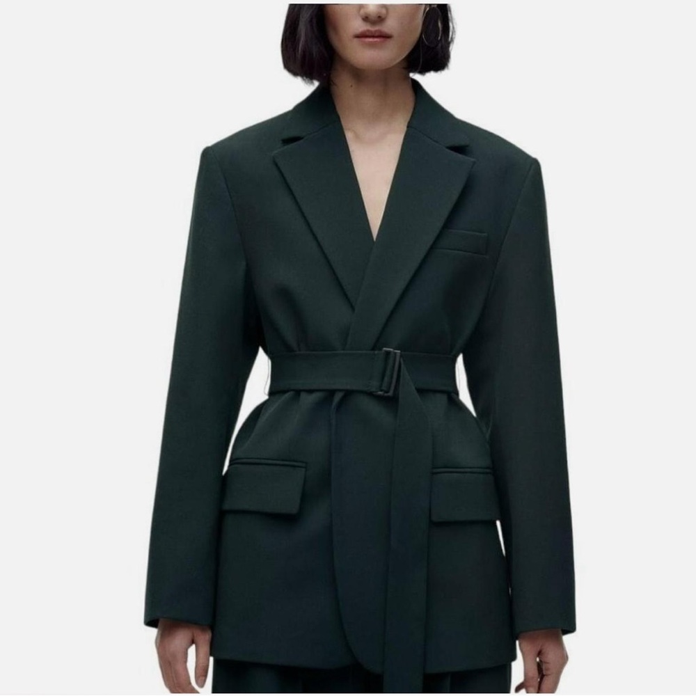 ZARA STRAIGHT CUT BELTED BLAZER: Bottle Green